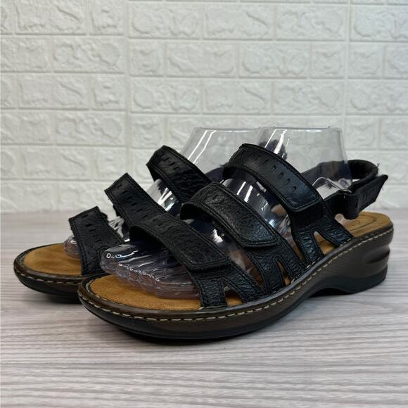 Clarks Artisan Sandal WMNS 8.5 Black Leather Comfort Hook Loop Cushioned Casual - Picture 3 of 9